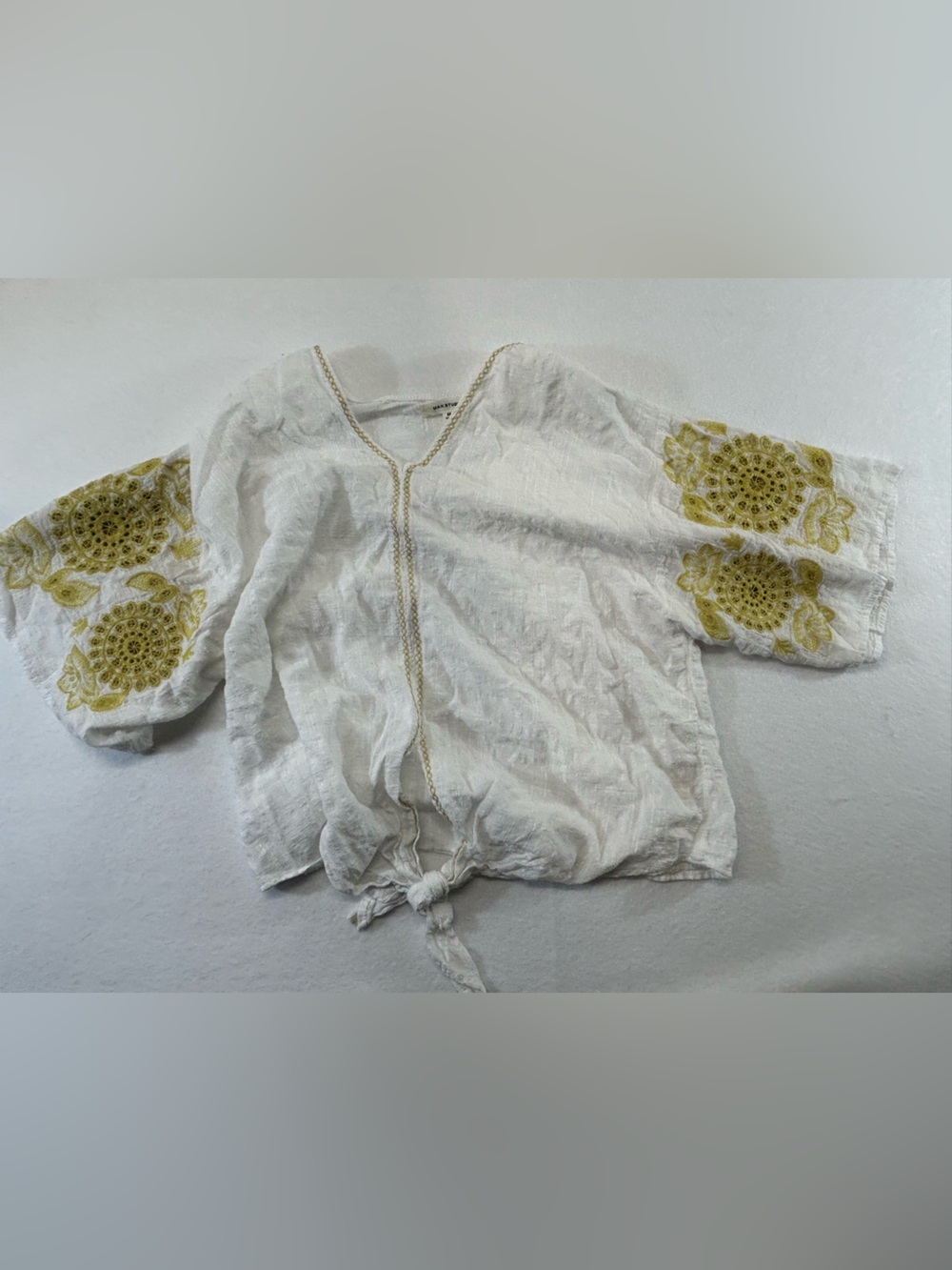 Max Studio White Top with Gold Trim Embroidery flowy boho blouse Medium tie